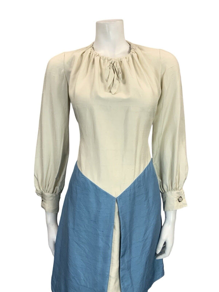 VTG 60S 70S CREAM SKY BLUE ROMANTIC MEDIEVAL BASQUE WAIST PEASANT SHIFT DRESS 8