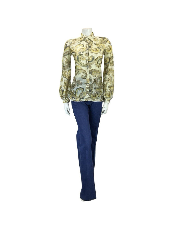 VTG 60S 70S CREAM YELLOW BLACK PSYCHEDELIC SHIMMERY DAGGER COLLAR PARTY SHIRT 6