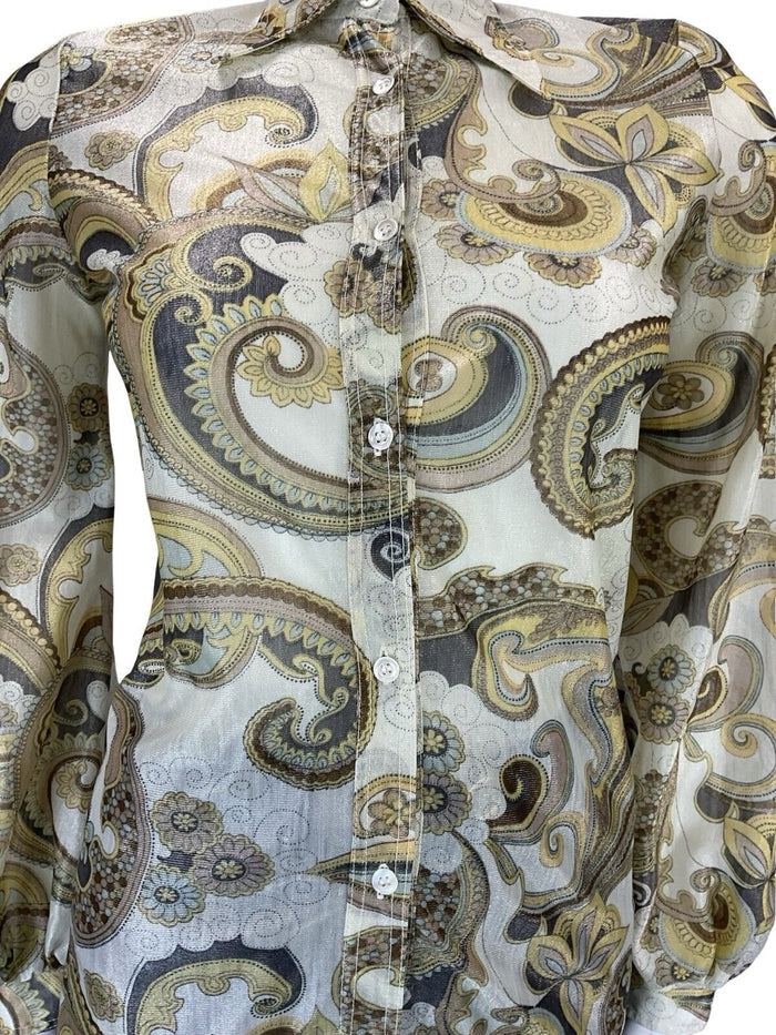 VTG 60S 70S CREAM YELLOW BLACK PSYCHEDELIC SHIMMERY DAGGER COLLAR PARTY SHIRT 6