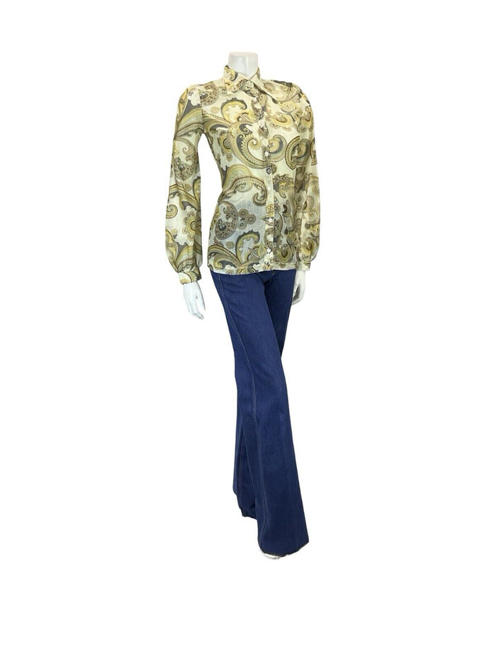 VTG 60S 70S CREAM YELLOW BLACK PSYCHEDELIC SHIMMERY DAGGER COLLAR PARTY SHIRT 6