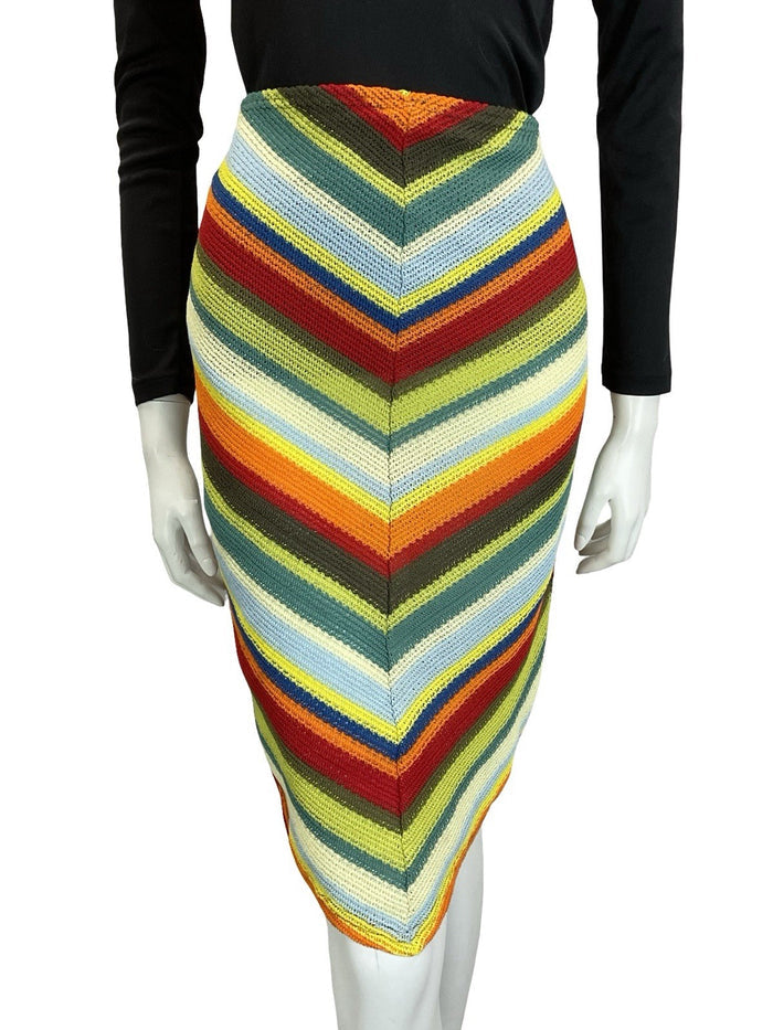 VTG 60S 70S CROCHET KNIT CHEVRON HIPPY BOHO GREEN BLUE RED V HEM SKIRT S 8 10