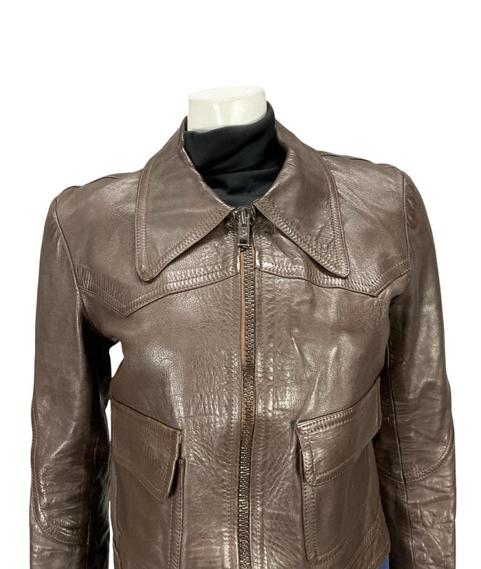 VTG 60S 70S DAGGER COLLAR BROWN LEATHER SIX JUIN GRAFFITI CROPPED JACKET 12