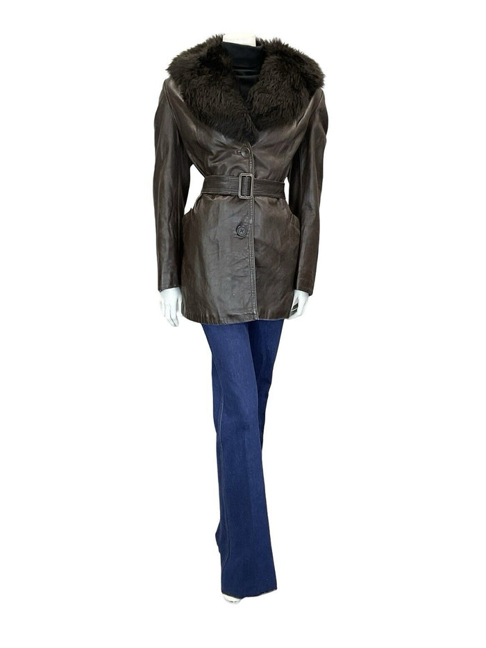 VTG 60S 70S DARK BROWN LEATHER BUCKLE TIE WAIST FUR TRIM COLLAR BELTED JACKET 14
