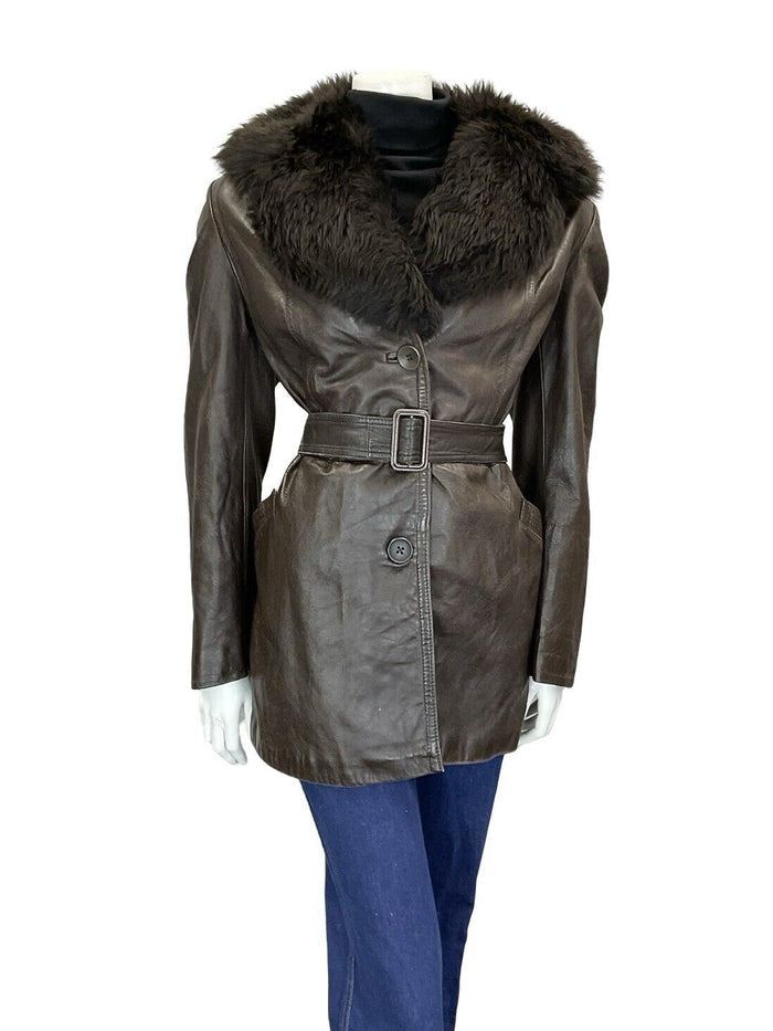 VTG 60S 70S DARK BROWN LEATHER BUCKLE TIE WAIST FUR TRIM COLLAR BELTED JACKET 14