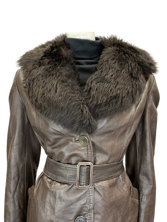 VTG 60S 70S DARK BROWN LEATHER BUCKLE TIE WAIST FUR TRIM COLLAR BELTED JACKET 14