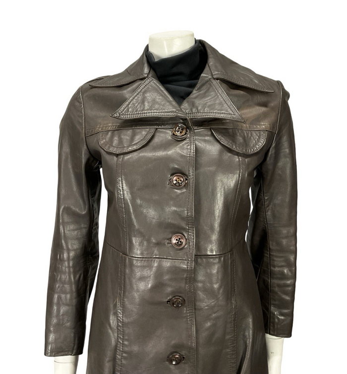 VTG 60S 70S DARK BROWN LEATHER DAGGER NOTCH LAPEL COLLAR SEAM POCKET JACKET 10