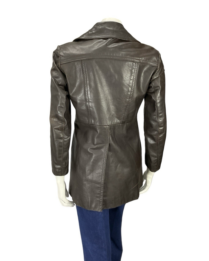 VTG 60S 70S DARK BROWN LEATHER DAGGER NOTCH LAPEL COLLAR SEAM POCKET JACKET 10