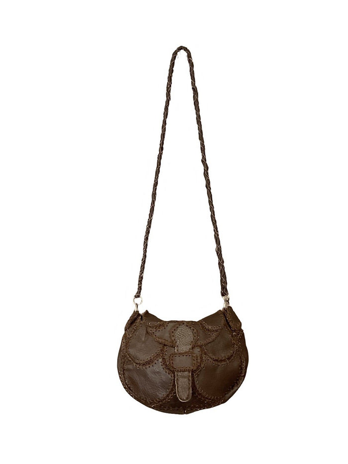VTG 60S 70S DARK BROWN LEATHER STITCH PATCHWORK WOVEN HIPPY BOHO SHOULDER BAG