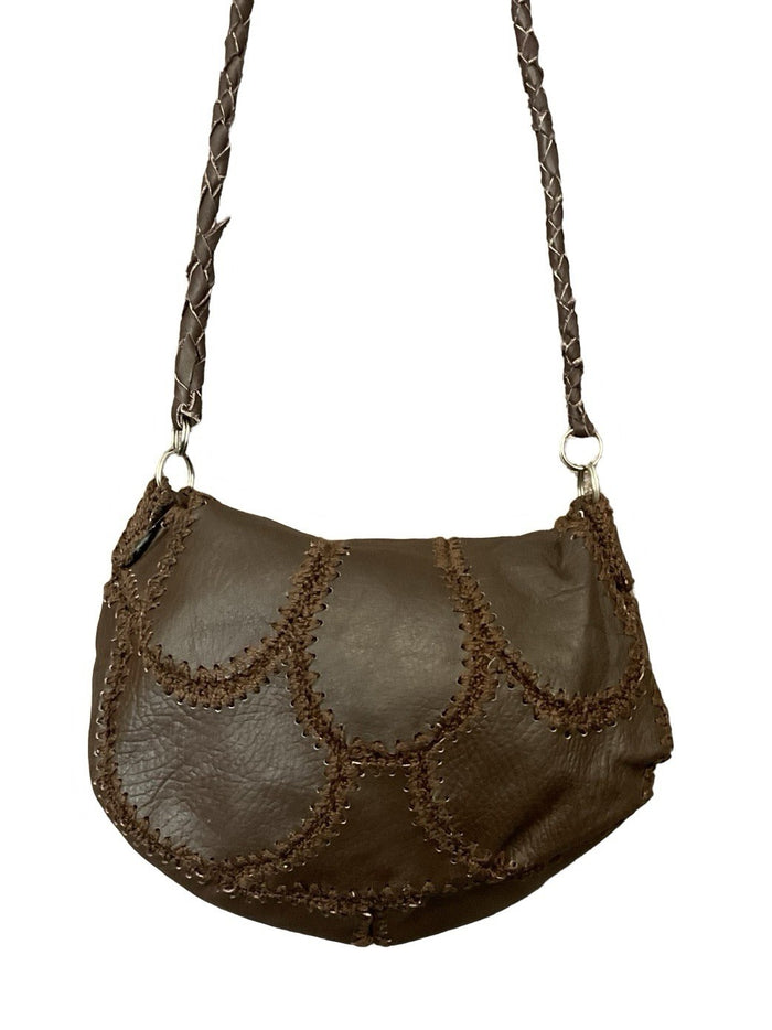 VTG 60S 70S DARK BROWN LEATHER STITCH PATCHWORK WOVEN HIPPY BOHO SHOULDER BAG
