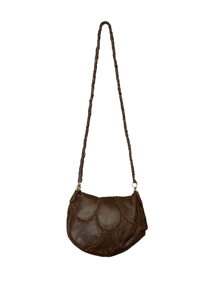 VTG 60S 70S DARK BROWN LEATHER STITCH PATCHWORK WOVEN HIPPY BOHO SHOULDER BAG