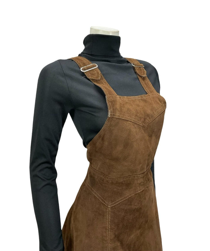 VTG 60S 70S DARK BROWN SUEDE HIPPY BOHO PINAFORE MINI DRESS 10