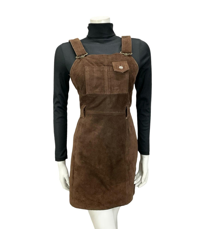 VTG 60S 70S DARK BROWN SUEDE HIPPY BOHO PINAFORE MINI DRESS WITH POCKET 10