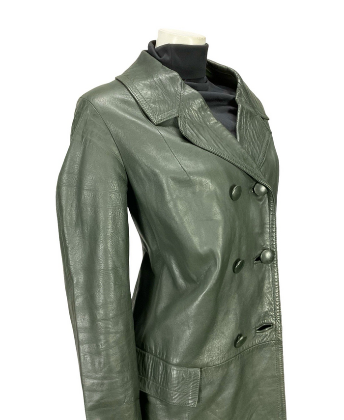 VTG 60S 70S DARK GREEN LEATHER MOD TAILORED BLAZER DOUBLE BREASTED JACKET 16