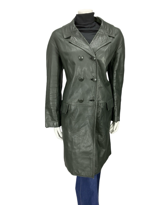 VTG 60S 70S DARK GREEN LEATHER MOD TAILORED BLAZER DOUBLE BREASTED JACKET 16