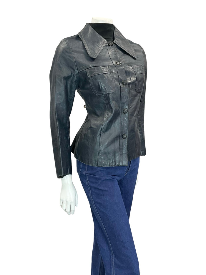 VTG 60S 70S DARK NAVY BLUE DOG EAR COLLAR SHORT LEATHER JACKET W POCKETS 8
