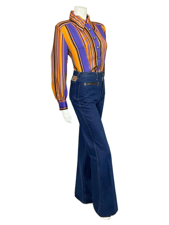 VTG 60S 70S DISCO STRIPED GLITTER PURPLE ORANGE BLACK GOLD DAGGER SHIRT 14