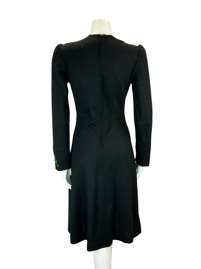 VTG 60S 70S EMBROIDERED BLACK PURPLE GREEN YELLOW FLORAL PLUNGING MIDI DRESS 8