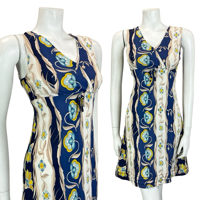 VTG 60S 70S EMPIRE PLUNGING BLUE CREAM BEIGE FLORAL PSYCHEDELIC QUILT DRESS 10