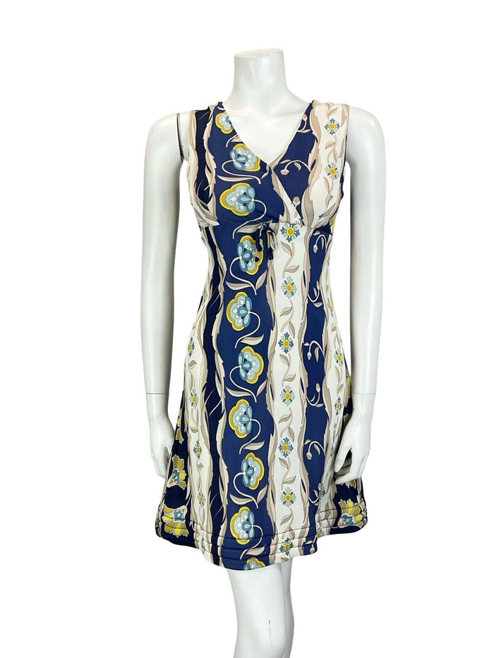 VTG 60S 70S EMPIRE PLUNGING BLUE CREAM BEIGE FLORAL PSYCHEDELIC QUILT DRESS 10