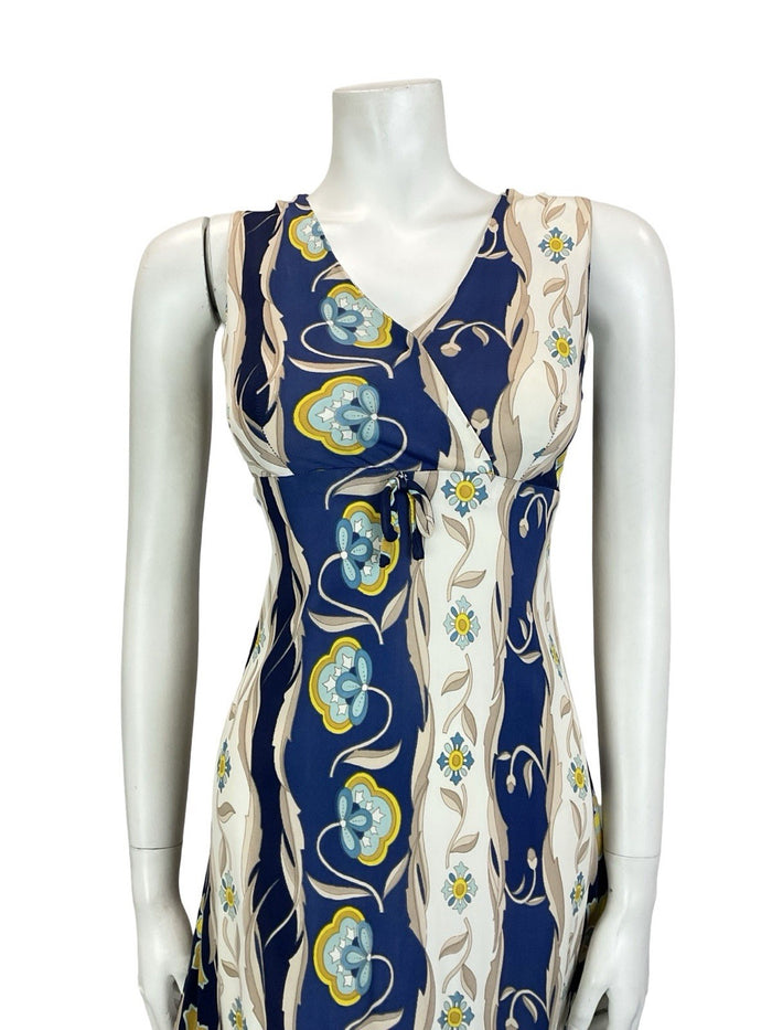 VTG 60S 70S EMPIRE PLUNGING BLUE CREAM BEIGE FLORAL PSYCHEDELIC QUILT DRESS 10