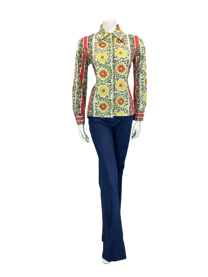VTG 60S 70S FLORAL GEOMETRIC FOLK LEAFY MANDALA WHITE RED GREEN YELLOW SHIRT 14