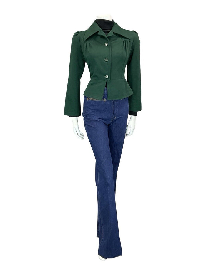 VTG 60S 70S FOREST GREEN TAILORED RUCHED CROPPED PEPLUM DAGGER COLLAR JACKET 10