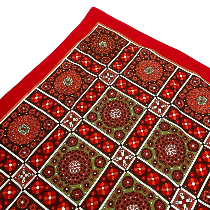 VTG 60S 70S GEOMETRIC FLORAL TILE PRINT RED BROWN ORANGE GREEN WHITE SCARF