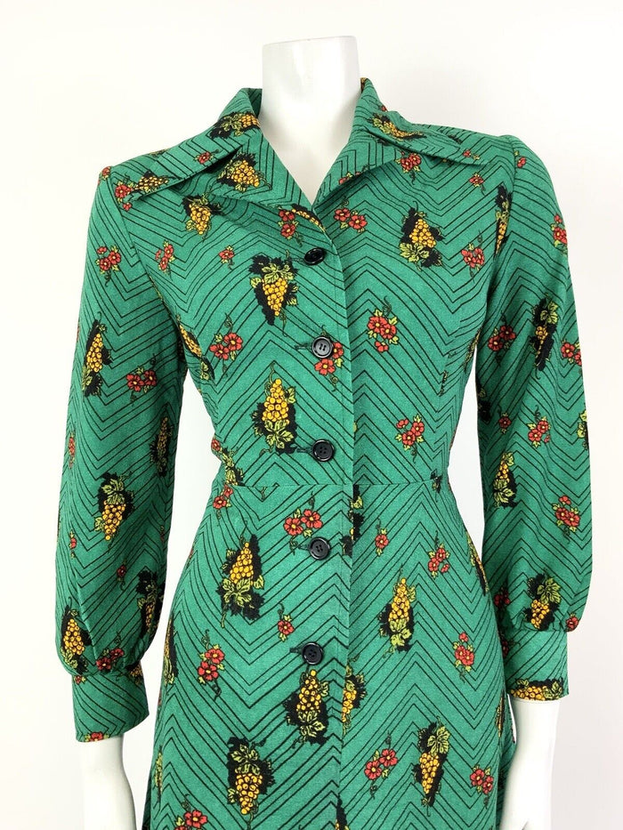 VTG 60s 70s GREEN BLACK YELLOW ZIG-ZAG GRAPES FLORAL DAGGER SHIRT DRESS 12 14