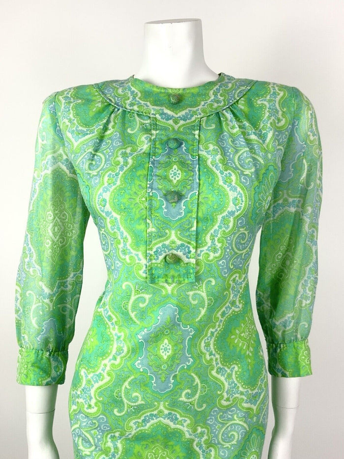 VTG 60s 70s GREEN BLUE WHITE FLORAL PSYCHEDELIC DAMASK BAROQUE MOD DRESS 12 14