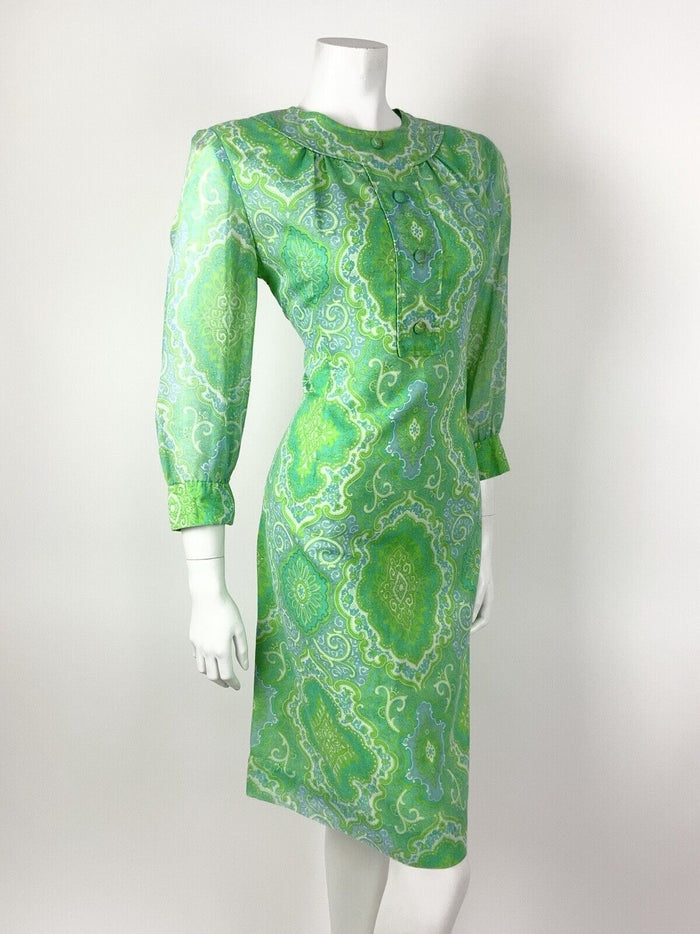 VTG 60s 70s GREEN BLUE WHITE FLORAL PSYCHEDELIC DAMASK BAROQUE MOD DRESS 12 14