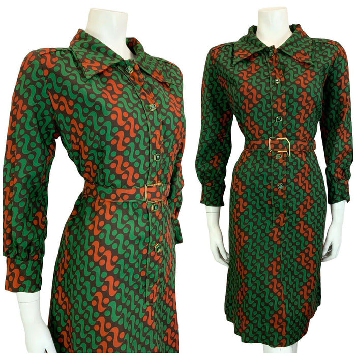 VTG 60S 70S GREEN BROWN BLACK WAVY GEOMETRIC DAGGER COLLAR BELTED SHIRT DRESS 16