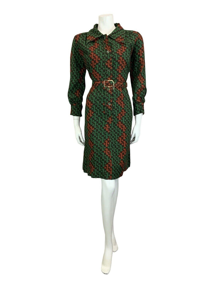 VTG 60S 70S GREEN BROWN BLACK WAVY GEOMETRIC DAGGER COLLAR BELTED SHIRT DRESS 16