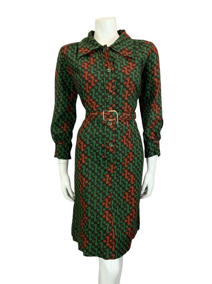 VTG 60S 70S GREEN BROWN BLACK WAVY GEOMETRIC DAGGER COLLAR BELTED SHIRT DRESS 16