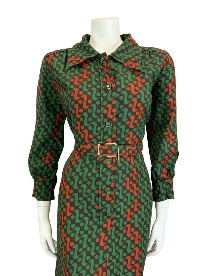 VTG 60S 70S GREEN BROWN BLACK WAVY GEOMETRIC DAGGER COLLAR BELTED SHIRT DRESS 16