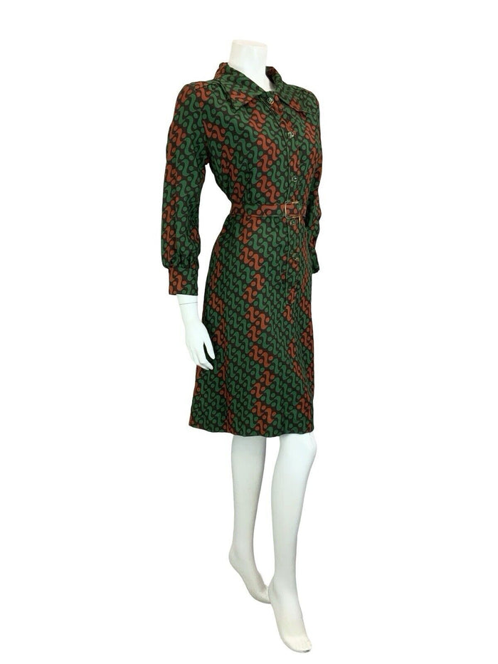 VTG 60S 70S GREEN BROWN BLACK WAVY GEOMETRIC DAGGER COLLAR BELTED SHIRT DRESS 16