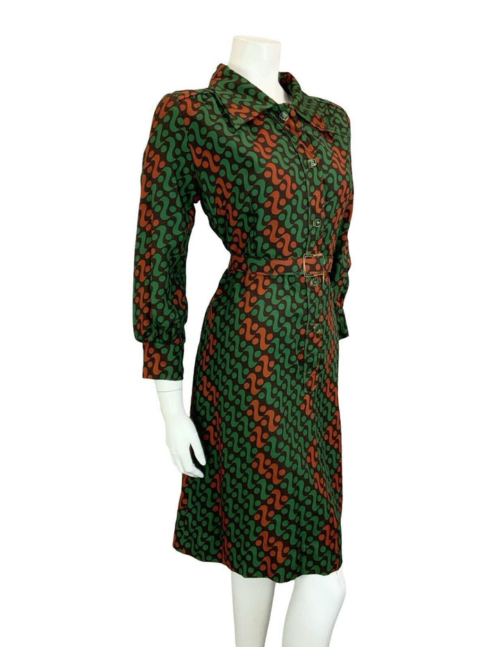 VTG 60S 70S GREEN BROWN BLACK WAVY GEOMETRIC DAGGER COLLAR BELTED SHIRT DRESS 16