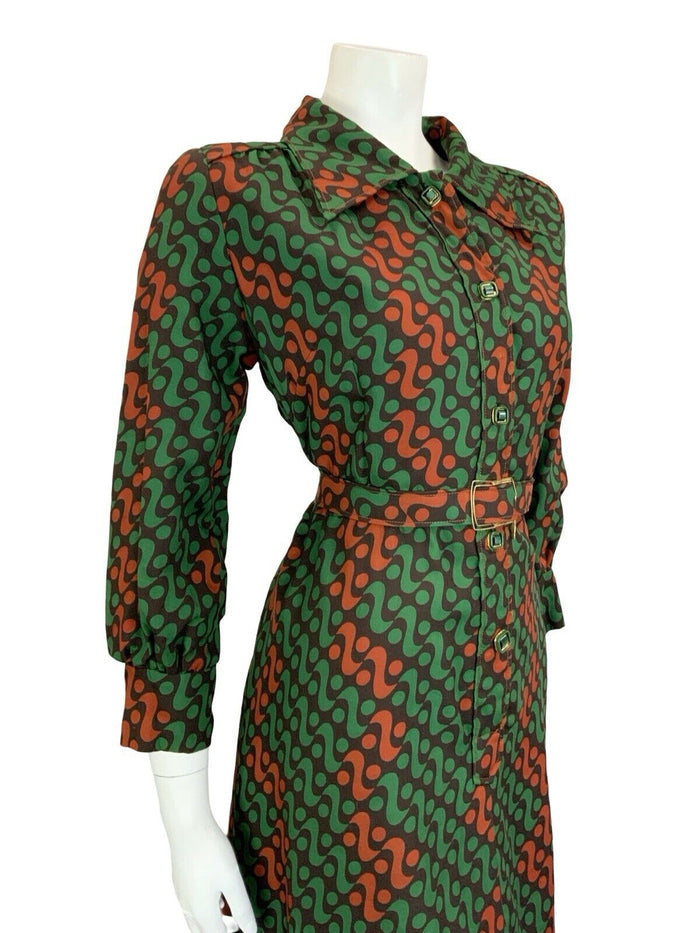 VTG 60S 70S GREEN BROWN BLACK WAVY GEOMETRIC DAGGER COLLAR BELTED SHIRT DRESS 16