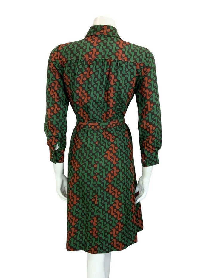 VTG 60S 70S GREEN BROWN BLACK WAVY GEOMETRIC DAGGER COLLAR BELTED SHIRT DRESS 16