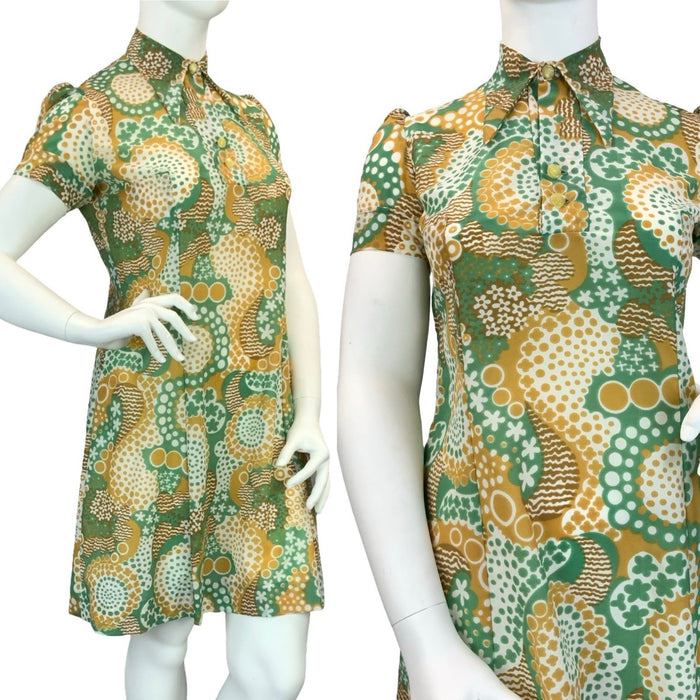 VTG 60S 70S GREEN BROWN WHITE DOTTY WAVY PSYCHEDELIC DAGGER SHIRT DRESS 16