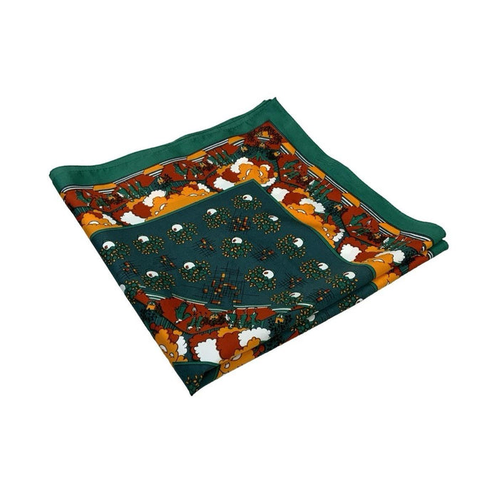 VTG 60S 70S GREEN ORANGE BROWN GEOMETRIC ART DECO WOMEN FLORAL TREE SCARF