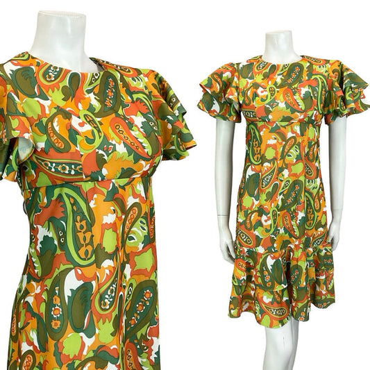 VTG 60S 70S GREEN ORANGE RED PSYCHEDELIC PAISLEY EMPIRE ANGEL SLEEVE DRESS 8