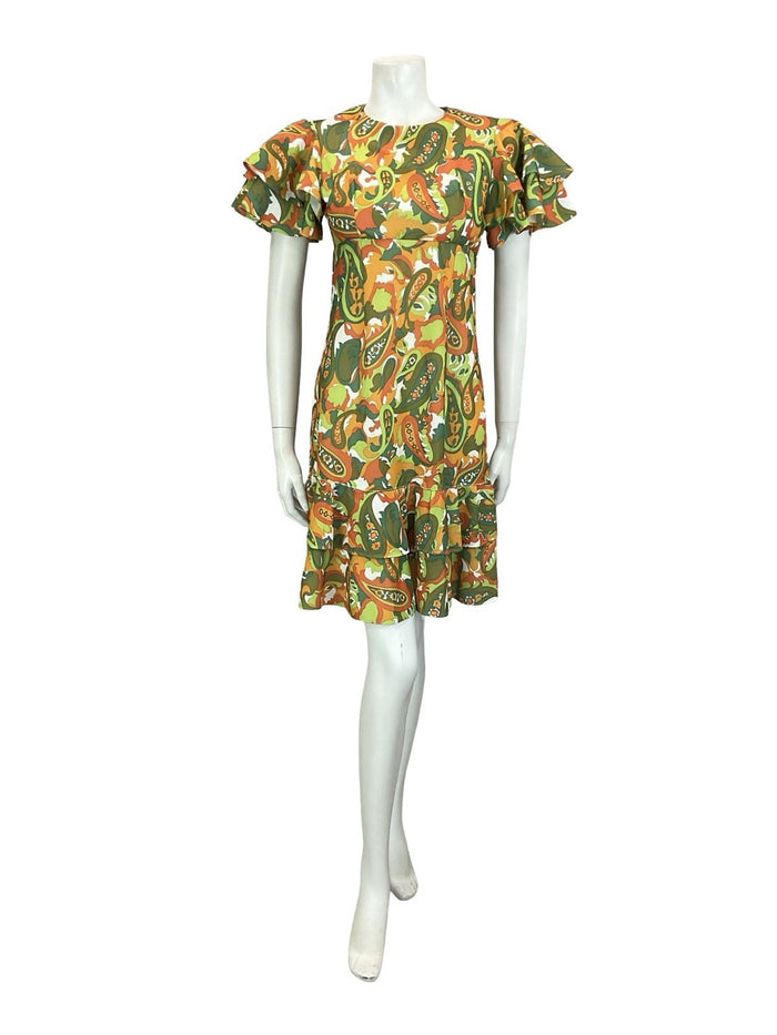 VTG 60S 70S GREEN ORANGE RED PSYCHEDELIC PAISLEY EMPIRE ANGEL SLEEVE DRESS 8