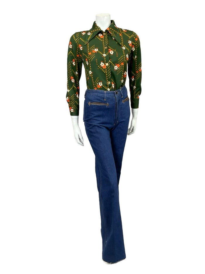 VTG 60S 70S GREEN ORANGE YELLOW BROWN FLORAL GEOMETRIC DAGGER MOD SHIRT 12
