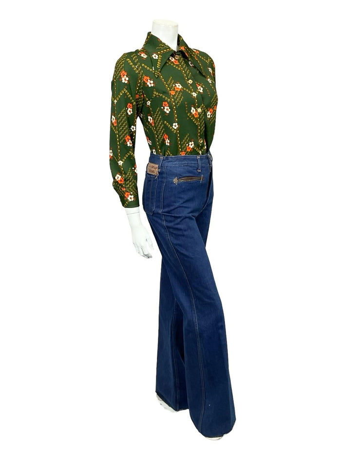 VTG 60S 70S GREEN ORANGE YELLOW BROWN FLORAL GEOMETRIC DAGGER MOD SHIRT 12