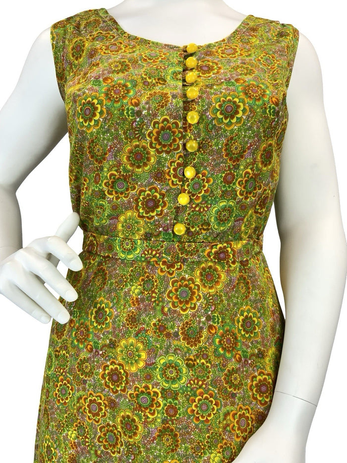 VTG 60S 70S GREEN ORANGE YELLOW PSYCHEDELIC FLORAL BELT SUN DRESS 16