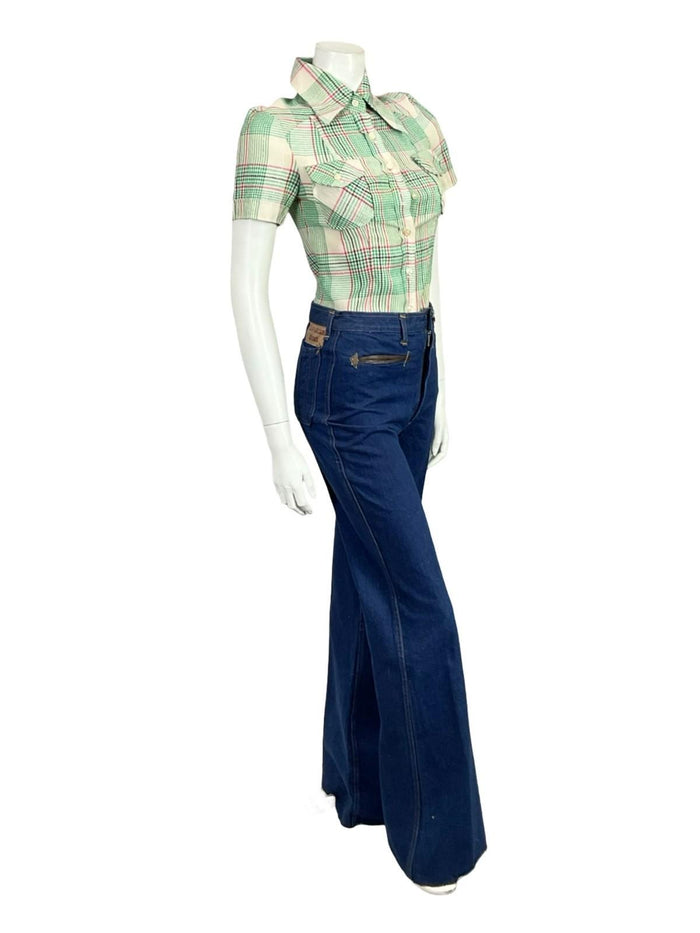VTG 60S 70S GREEN PINK BEIGE BLACK MOD PLAID DAGGER COLLAR SHORT SLEEVE SHIRT 4