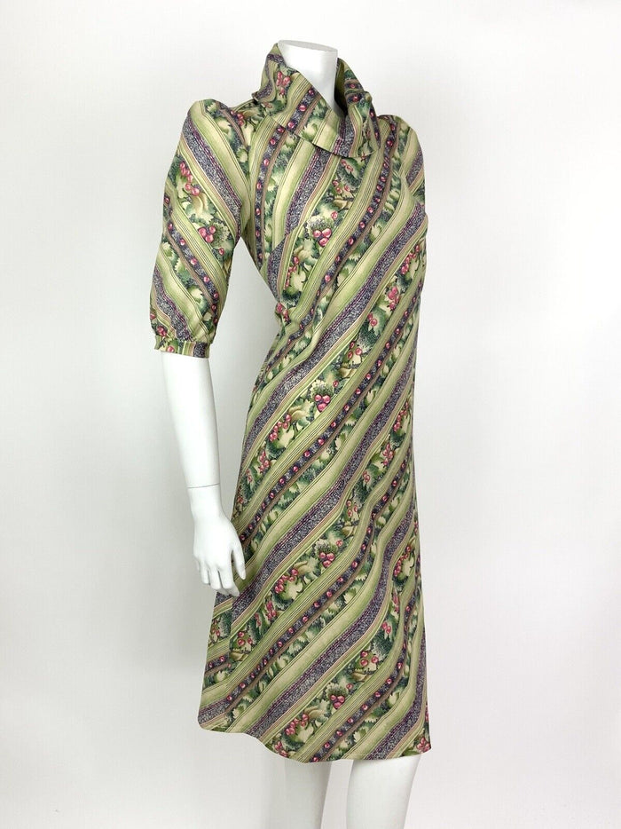 VTG 60s 70s GREEN PINK BLUE STRIPED SQUIGGLE BERRY LEAFY COWL A-LINE DRESS 10 12