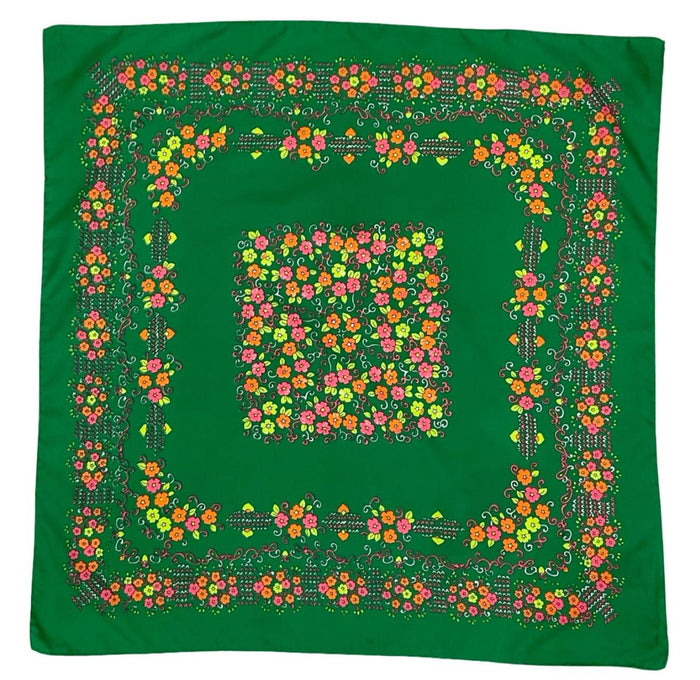 VTG 60S 70S GREEN PINK ORANGE WHITE FLORAL SWIRL SCARF