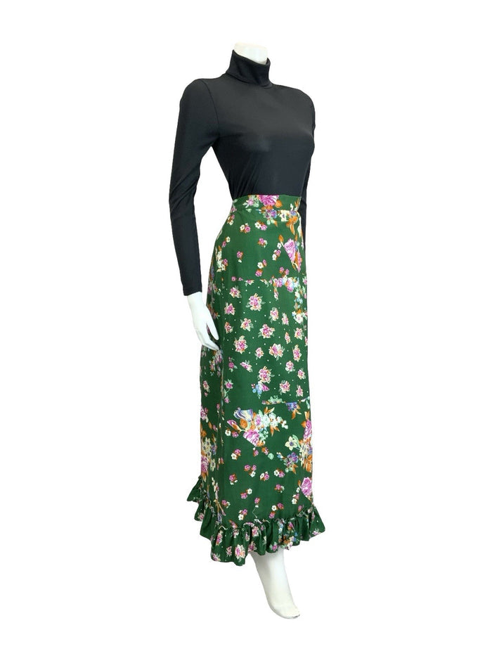 VTG 60S 70S GREEN PINK ORANGE WHITE ROSE BLOSSOM FLORAL RUFFLE MAXI SKIRT 14 16
