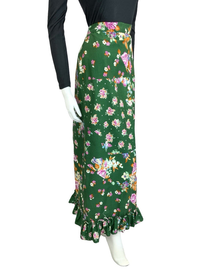 VTG 60S 70S GREEN PINK ORANGE WHITE ROSE BLOSSOM FLORAL RUFFLE MAXI SKIRT 14 16